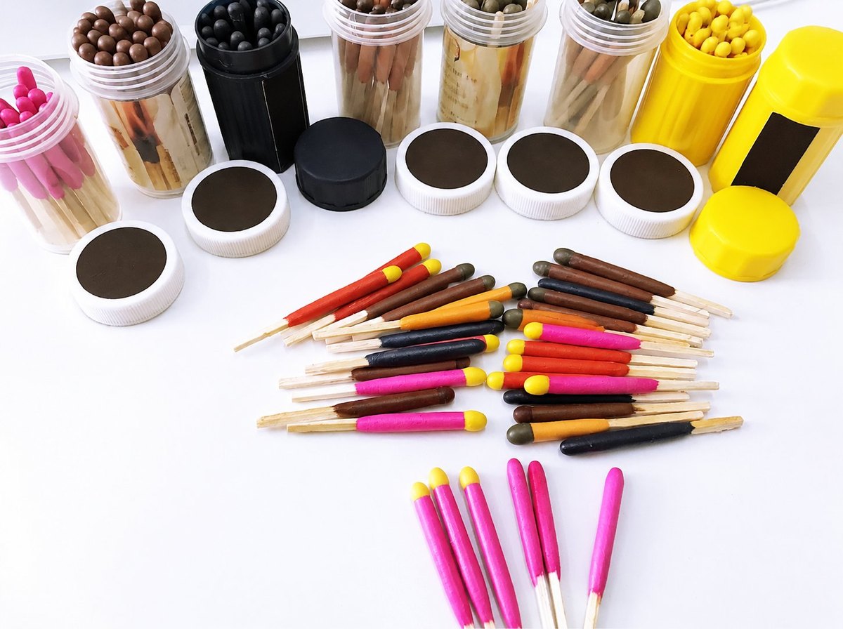 Coloured matches in clear tubes and loose matches in a range of head colours and lengths