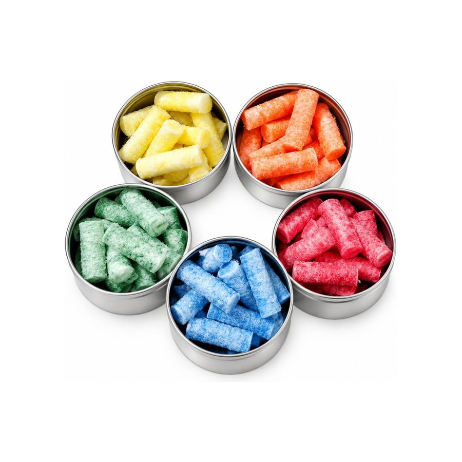 Five round tins, coloured plugs