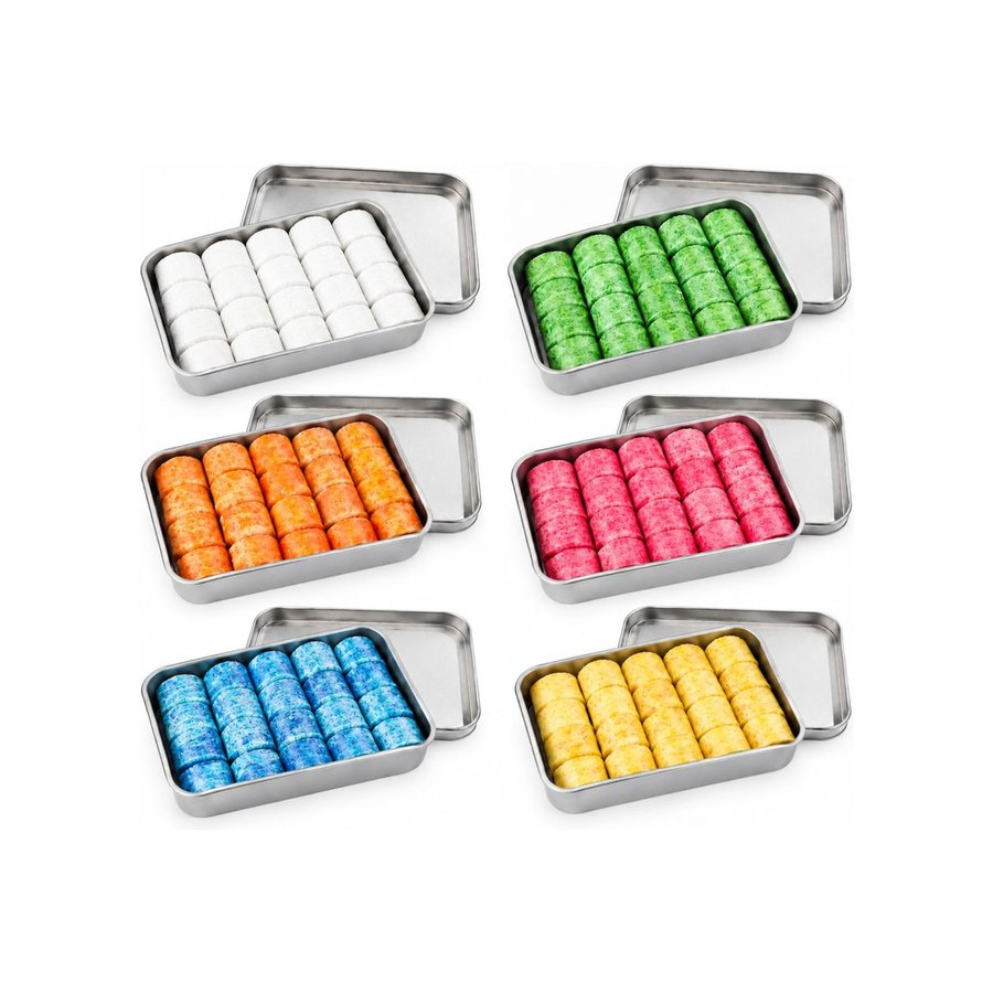Six rectangular tins, colour range