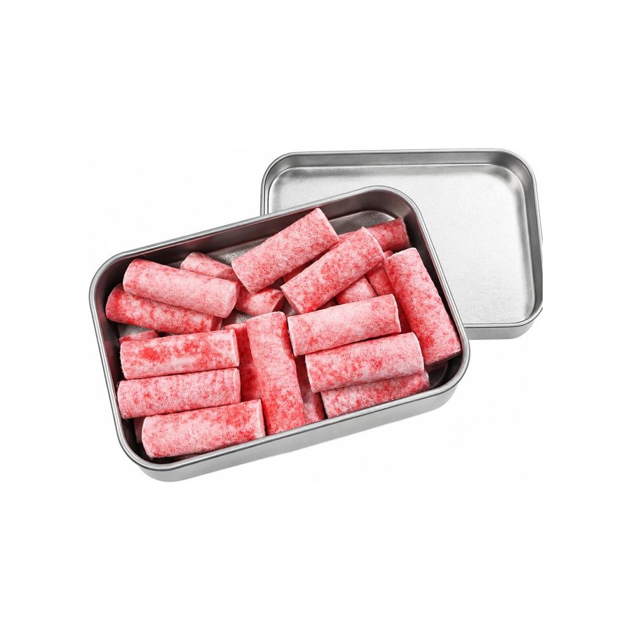 Rectangular tin, red plugs