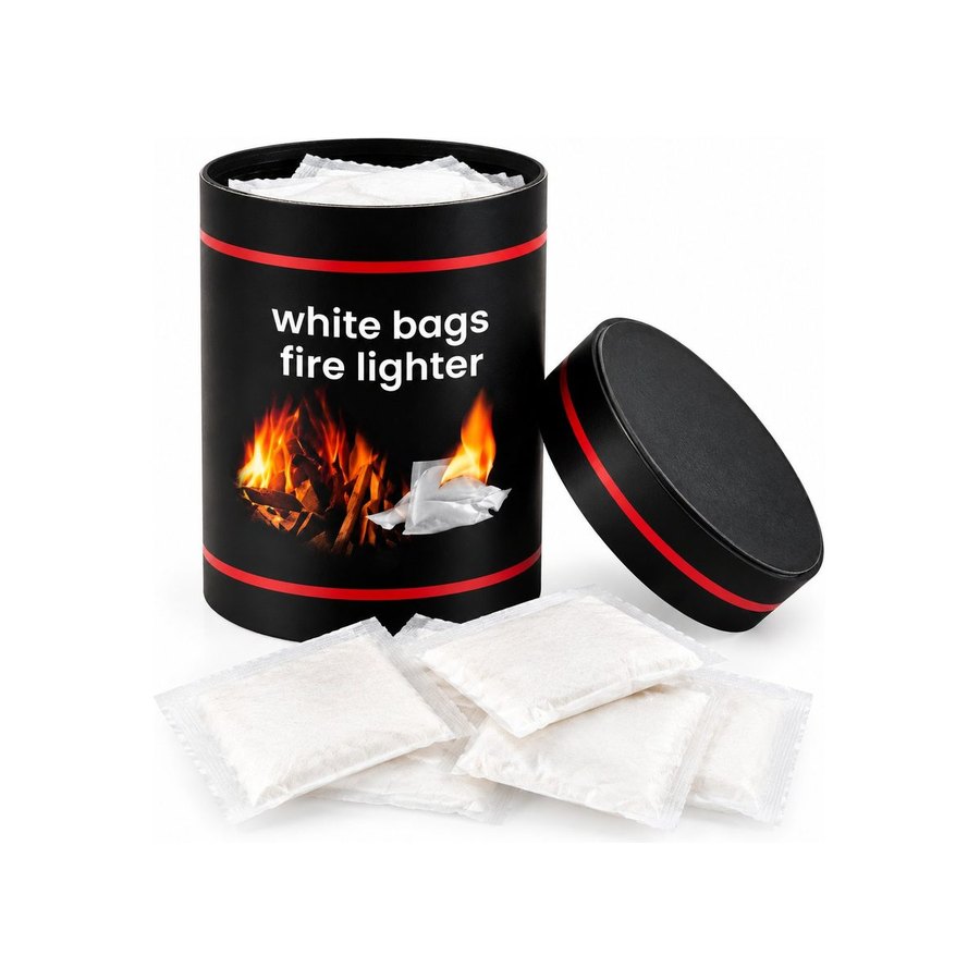 Black tin of white bag fire lighters with lid open