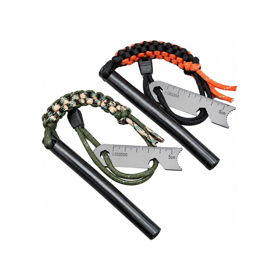 Two ferro rods with orange and olive paracord lanyards and 5 cm ruler strikers