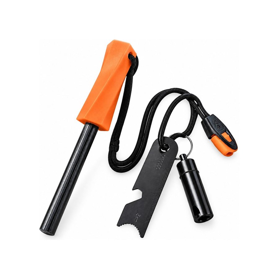 Orange handle ferro rod with striker, whistle and tinder capsule