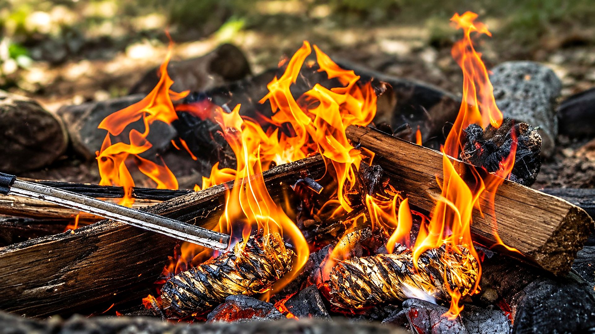 Wood wool firestarters burning among campfire logs