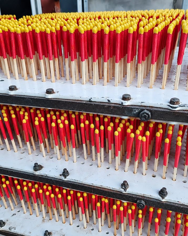 Match heads racked for drying