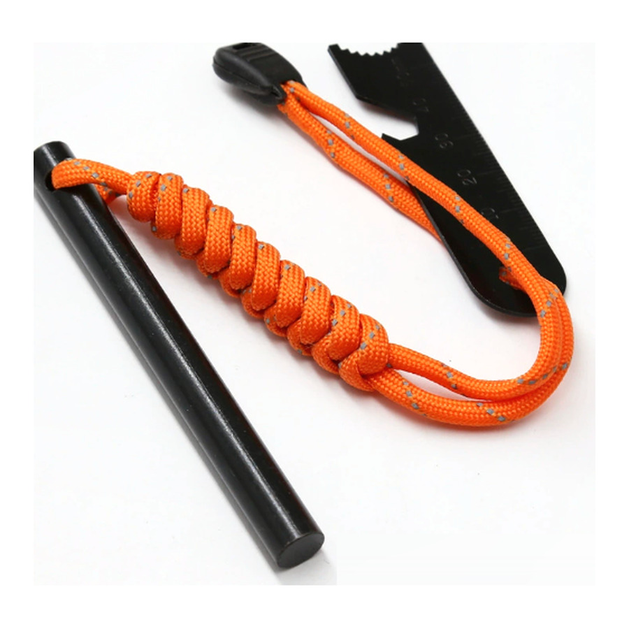 Ferro rod fire starter with orange lanyard and striker