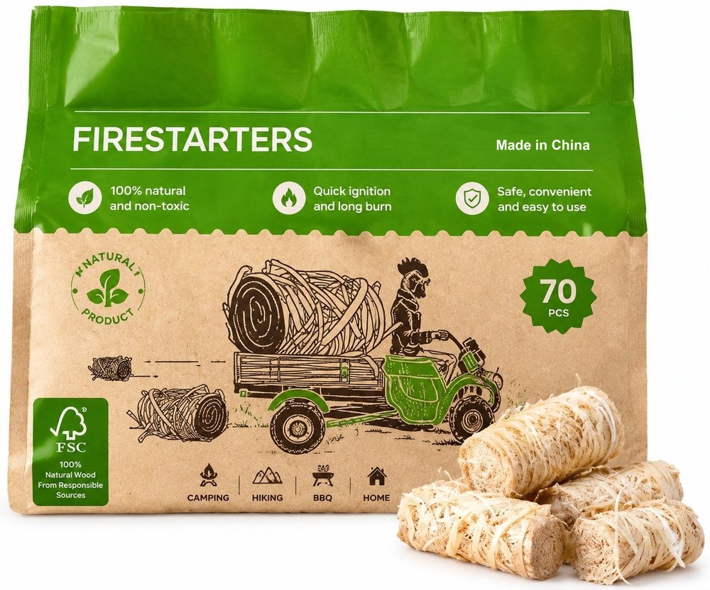 A retail pack carries the brand, the pack quantity and the claims the market requires Private label firestarter bag showing brand block, pack quantity, product claims and certification marks