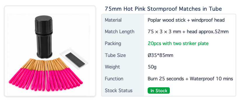 Product specification card for 75mm hot pink stormproof matches in a tube, listing material, match length, packing, tube size, weight and burn time