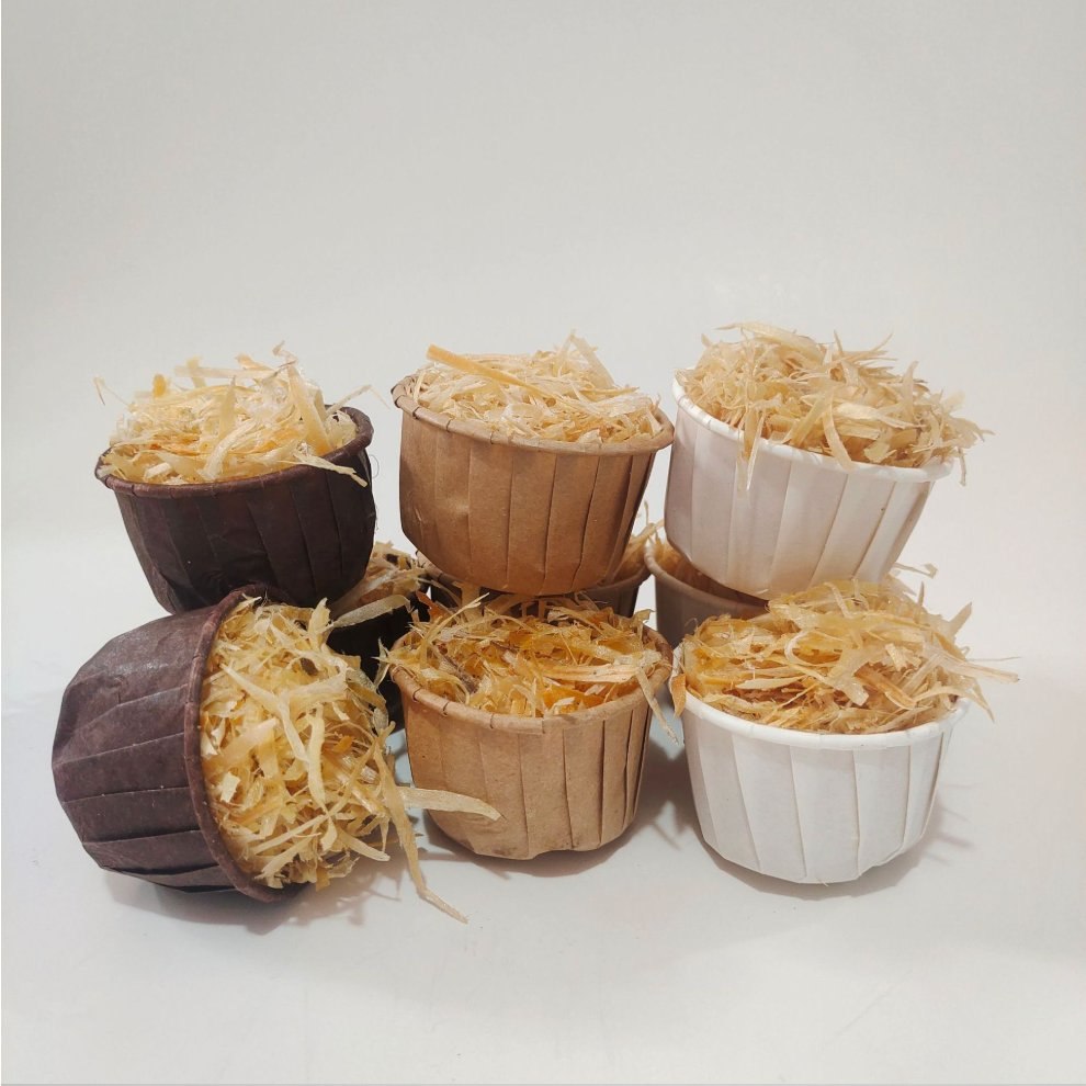 Paper cups of wood wool firelighters in three cup colours and paper types